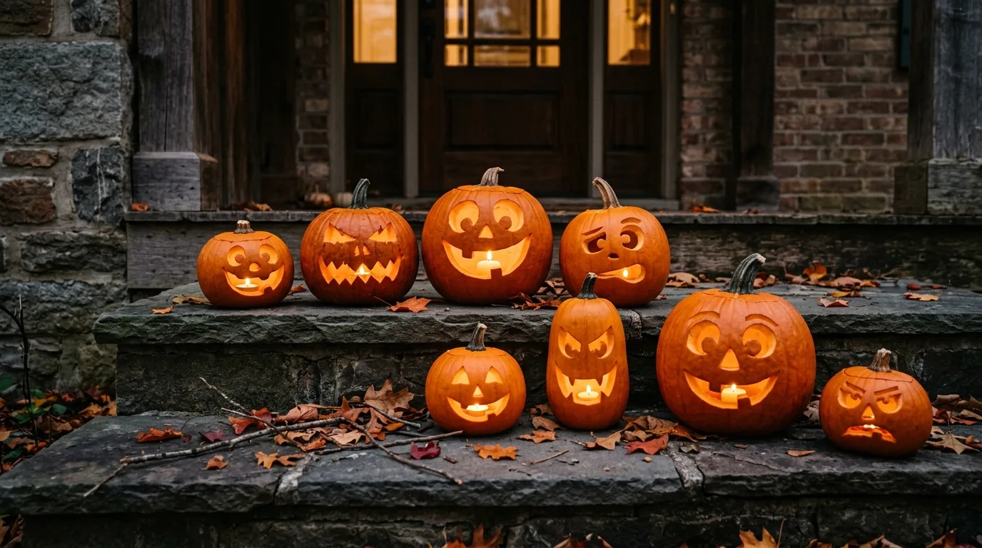 Carve cats bats or ravens for a more graphic Halloween look inspiration for a Halloween porch display.